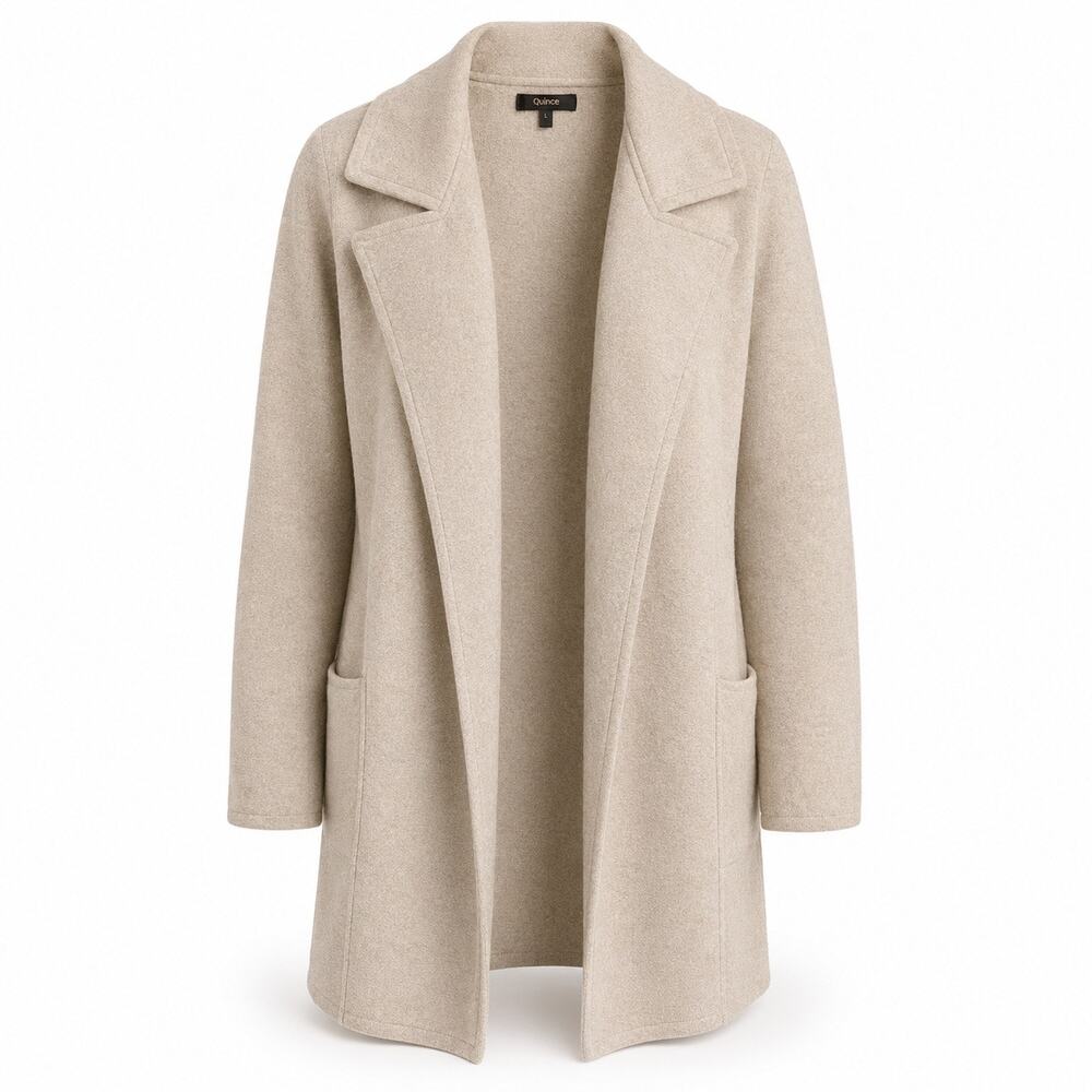 Quince Women’s L Organic Cotton Knit Blazer Cardigan Beige Open Front Pockets